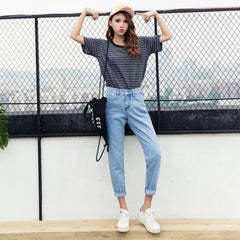 High-Waist Washed Straight Leg Jeans
