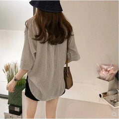 3/4-Sleeve V Neck Striped Shirt