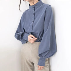 Balloon-Sleeve Long-Sleeve Mandarin-Collar Plain Blouse