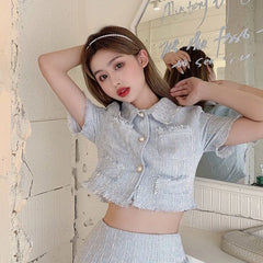 Tweed Short-Sleeve Crop Top / High-Waist Slim-Fit Skirt