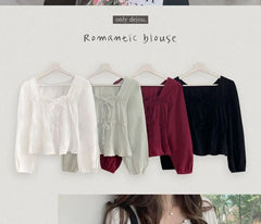 Ruffle Trim Square-Neck Long-Sleeve Blouse