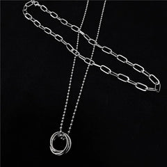 Set of 2: Stacked Ring Pendant Ball Chain Necklace + Paperclip Chain Necklace