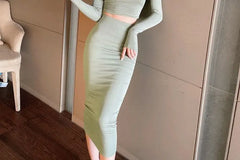 Set: Long-Sleeve Cropped T-Shirt + High Waist Midi Pencil Skirt