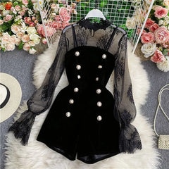 Set: Long Sleeve Mesh Top + Double Breasted Velvet Playsuit