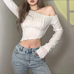 Long-Sleeve Off-Shoulder Asymmetrical Hem Crop Top
