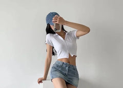 Low-Rise Denim Mini Pencil Skirt