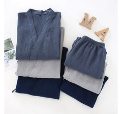 Pajama Set: Elbow-Sleeve Plain Kimono Top + Elastic Waist Pants