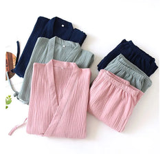 Pajama Set: Elbow-Sleeve Plain Kimono Top + Elastic Waist Pants