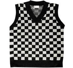 V-Neck Checkerboard Oversized Knit Vest