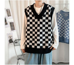 V-Neck Checkerboard Oversized Knit Vest