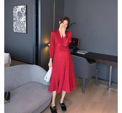 Maternity Puff-Sleeve V-Neck Dotted Midi A-Line Dress