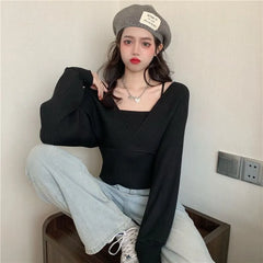 Long-Sleeve Mock Two-Piece Ribbed Knit Top