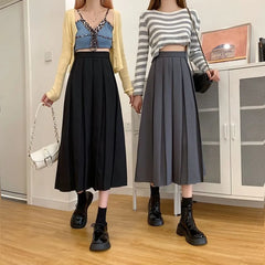 High Waist Pleated Midi A-Line Skirt