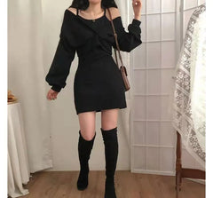 Set: Spaghetti Strap Mini Dress + Long-Sleeve V-Neck Cropped Top