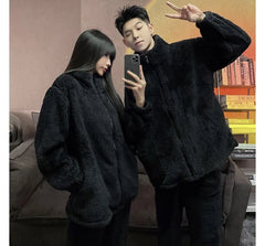 Couple Matching Pajama Set: Plain Fleece Zip Jacket + Pants