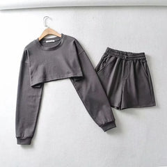 Set: Round Neck Plain Crop Pullover + Drawstring Waist Sweat Shorts
