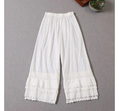 Elastic Waist Lace Panel Cropped Wide Leg Pants