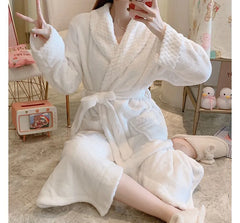 Plain Tie-Waist Fleece Pajama Robe