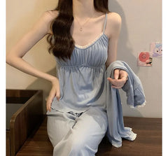 Pajama Set: Plain Contrast Trim Camisole Top + Light Jacket + Pants