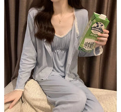 Pajama Set: Plain Contrast Trim Camisole Top + Light Jacket + Pants