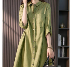 Long-Sleeve Plain Linen Midi A-Line Shirt Dress