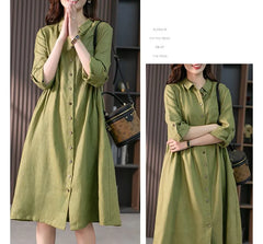 Long-Sleeve Plain Linen Midi A-Line Shirt Dress