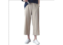 Elastic Waist Plain Linen Crop Wide Leg Pants