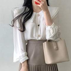 Long-Sleeve Layered Collar Plain Heart Button Blouse / High Waist Plain Accordion Pleated Mini A-Line Skirt
