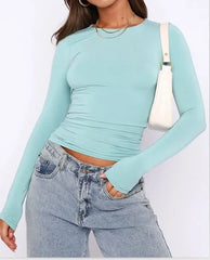 Long-Sleeve Round Neck Plain Slim-Fit Crop Top