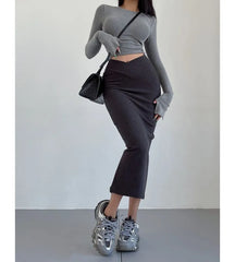 High Waist Plain Slit Pencil Knit Skirt (Various Designs)