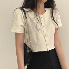 Short-Sleeve Round Neck Plain Blouse