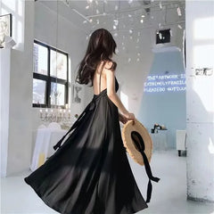 Spaghetti Strap Plain Bow Back Midi A-Line Dress