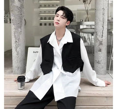 V-Neck Plain Crop Open Front Vest / Long-Sleeve Collared Plain Shirt