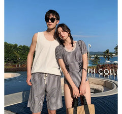 Couple Matching Short-Sleeve Plaid Swimsuit / Beach Shorts