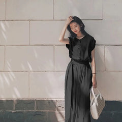 Cap-Sleeve Plain Slit Midi Button-Front Belted Dress