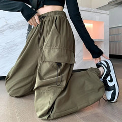 High Waist Plain Drawstring Cargo Baggy Pants