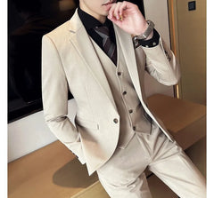 Set: Plain Single-Button Blazer + Vest + Straight Leg Dress Pants