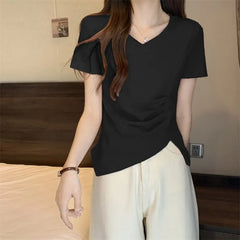Short-Sleeve V-Neck Plain Ruched Asymmetrical Tee
