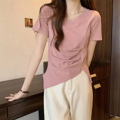 Short-Sleeve V-Neck Plain Ruched Asymmetrical Tee