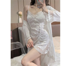 Spaghetti Strap Ruffle Drawstring Nightdress / Tie Front Robe