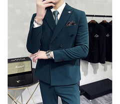 Set: Peak Lapel Plain Double-Breasted Blazer + Mid Rise Tapered Dress Pants