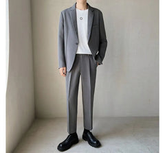 Set: Plain Single-Button Blazer + Tapered Dress Pants