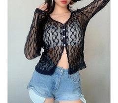 Long Sleeve V-Neck Lace See-Through Crop Light Cardigan