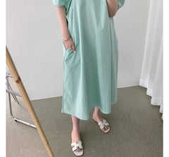 Short-Sleeve Round Neck Plain Midi A-Line Dress