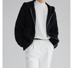 Plain Hooded Cable-Knit Zip Cardigan
