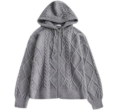 Plain Hooded Cable-Knit Zip Cardigan