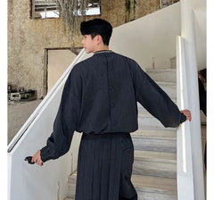 Set: Mock Neck Plain Single Breasted Blazer + Mid Rise Wide Leg Pants + Skirt