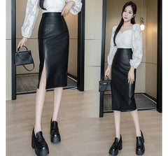 High Rise Plain Slit Faux Leather Midi Pencil Skirt