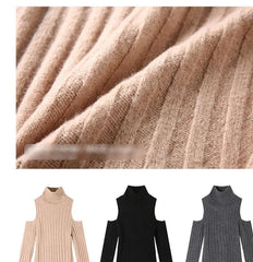 Long-Sleeve Cold Shoulder Turtleneck Plain Ribbed Mini Sheath Sweater Dress