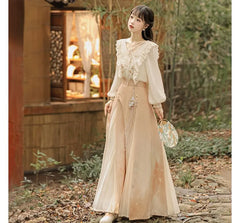 V-Neck Ruffle Trim Blouse / Midi Rise Plain Maxi A-Line Skirt / Set